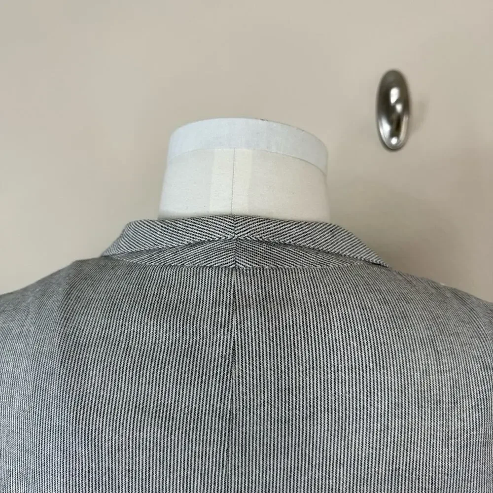EILEEN FISHER Organic Cotton Linen Blend Open Front Jacket Black White Stripe XL